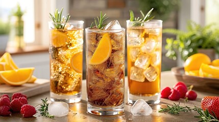 Fototapeta premium Tall glasses of iced tea enhanced with citrus slices and fresh herbs, arranged on a sunny table with natural light highlighting the sparkling beverages.