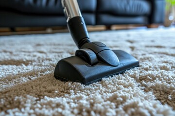 Cleaning carpets with a vacuum cleaner Housework assistance Close up of a sweeper s cleaning head