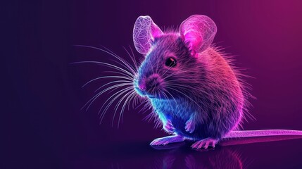  a close up of a mouse on a purple and pink background with a reflection of the mouse's head on the mouse's back end of the mouse.