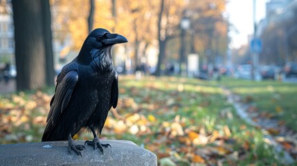 A big black raven sits and looks at the camera