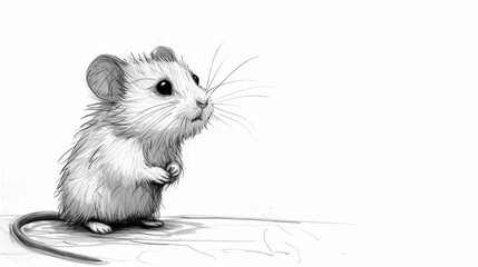  a black and white drawing of a mouse sitting on its hind legs with its front paws on it's hind legs, looking to the side, with a white background.