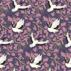 Pink sakura (japanese cherry blossom) with green leaves and beige-white crane birds repeated pattern on a violet background. © Elisabeth