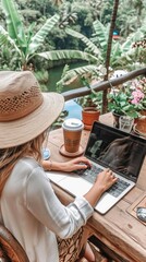 Woman Working on Laptop in Tropical Setting