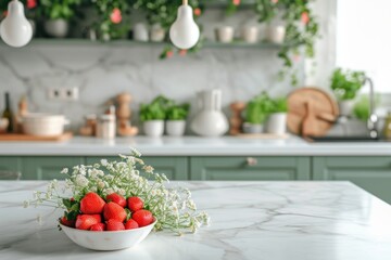 Clear and bare marble counter vintage green kitchen furniture with flowers and strawberries white hanging lights blurred background of different dishes