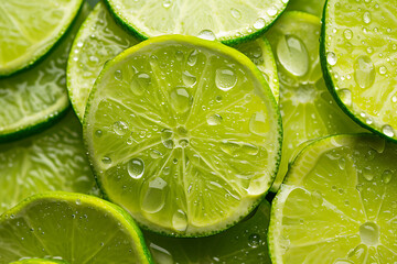 Lime slice with water drops background.