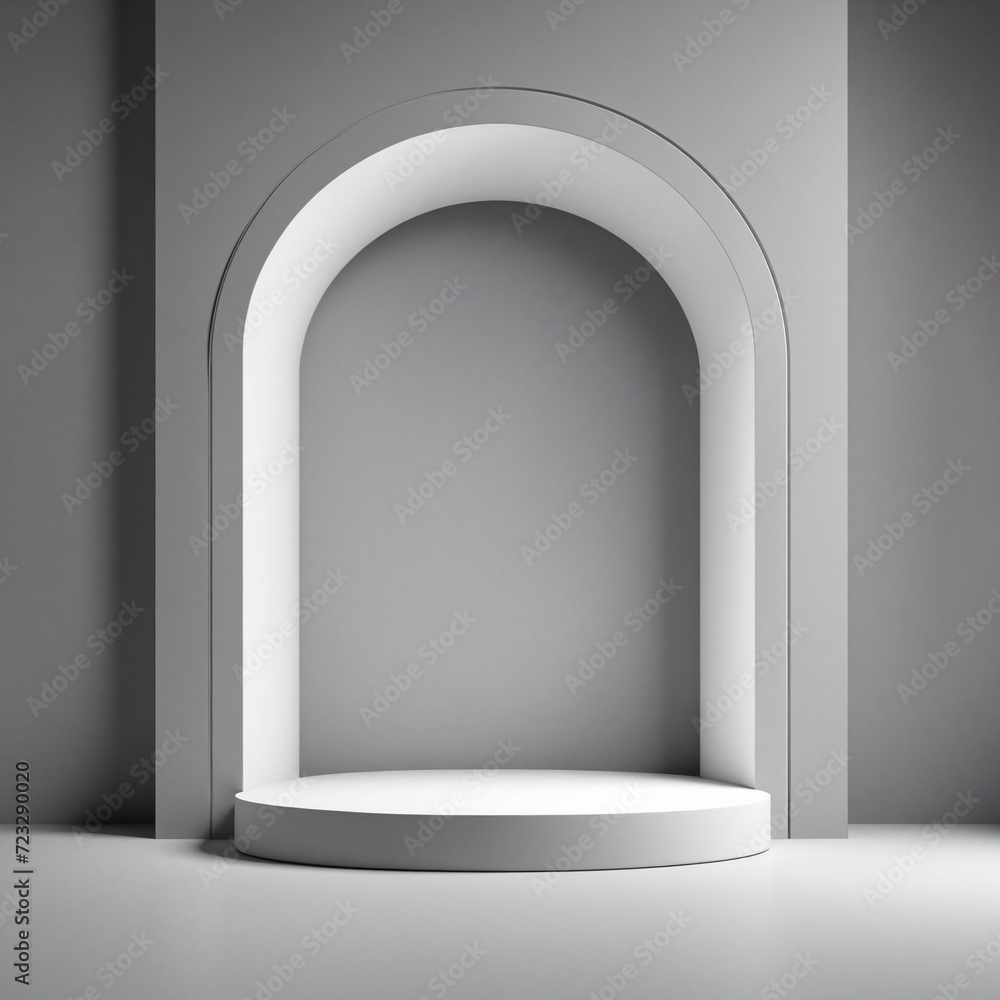 Poster minimalistic grey showcase: a 3d render with empty podium and arch niche