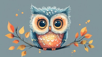  a painting of an owl sitting on a branch with autumn leaves on it's back and eyes wide open, on a gray background with yellow and orange leaves.
