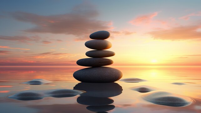 3d zen landscape with a stack of pebbles in sand against a sunset sky