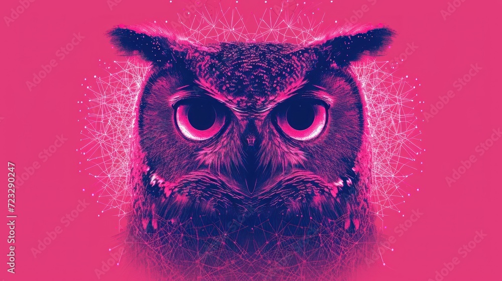 Aufkleber a close up of an owl's face on a pink background with a pattern of lines and dots in the shape of an