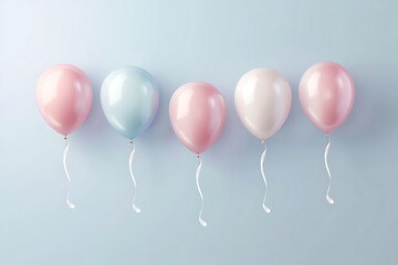 3D Helium balloons in soft pastel colors. Festive decorative background.