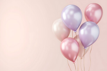 3D Helium balloons in soft pastel colors. Festive decorative background.