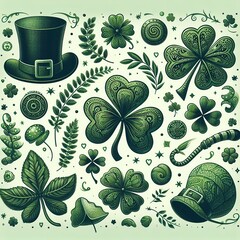beautiful background with traditional attributes and symbols of St. Patrick's Day, white and green tones