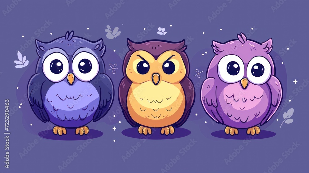 Poster a group of three owls sitting next to each other on a purple background with leaves and snowflakes o