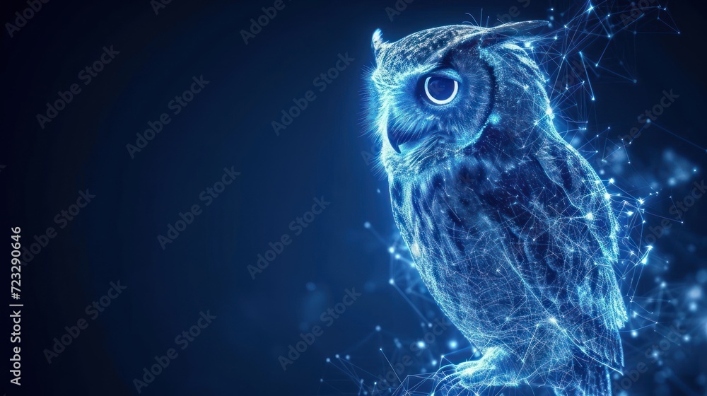 Poster a close up of an owl on a dark background with lines and dots in the shape of a human body and the s