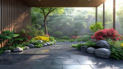 A peaceful zen garden patio featuring lush landscaping, colorful flowers, and a pebble path leading through a serene green environment.