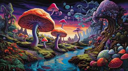 psychedelic evening landscape mushrooms retro groove style