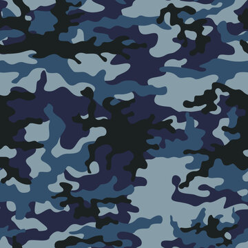 Vector camouflage blue background repeating pattern, army texture