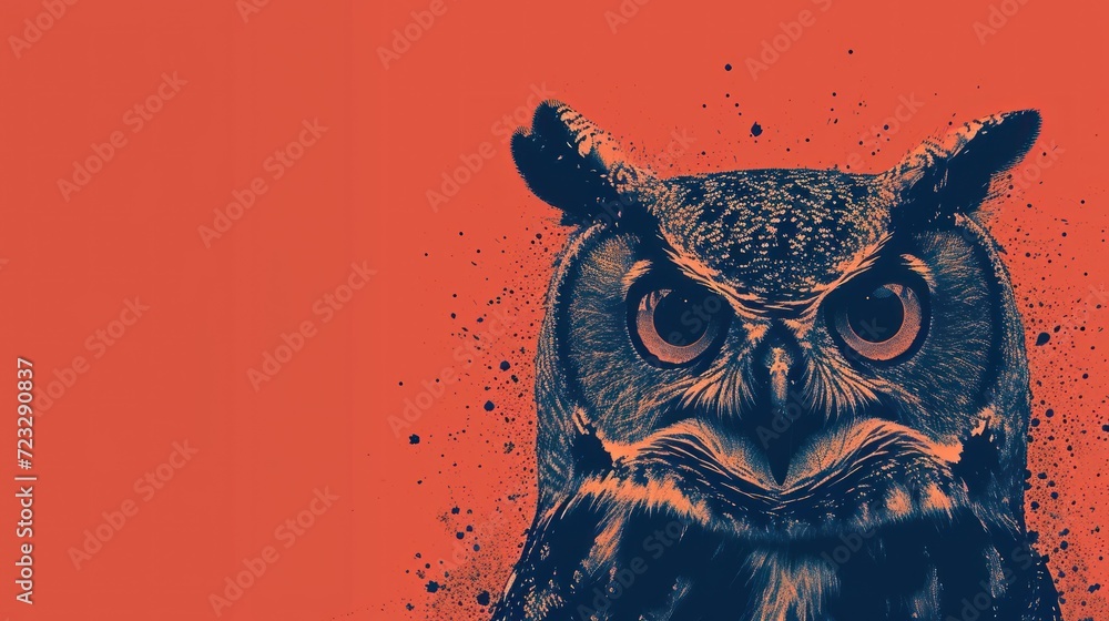 Poster a close up of an owl's face on a red background with black and orange splatters on the bottom half o