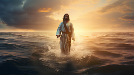 Fototapeta na wymiar Jesus Christ walking on the water.