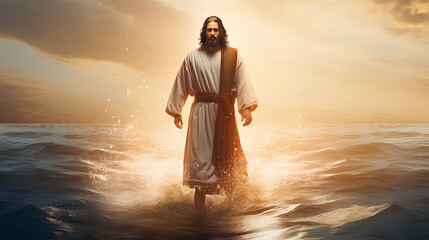 Jesus Christ walking on the water. - obrazy, fototapety, plakaty