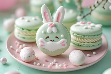Obraz na płótnie Canvas Easter macarons shape of bunny rabbit. Happy Easter Day Background.