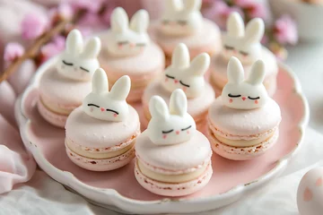 Foto op Aluminium  Easter macarons shape of bunny rabbit. Happy Easter Day Background. © Pacharee