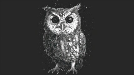  a black and white drawing of an owl on a black background with snow flakes on the bottom of the image and the bottom half of the owl's eyes.