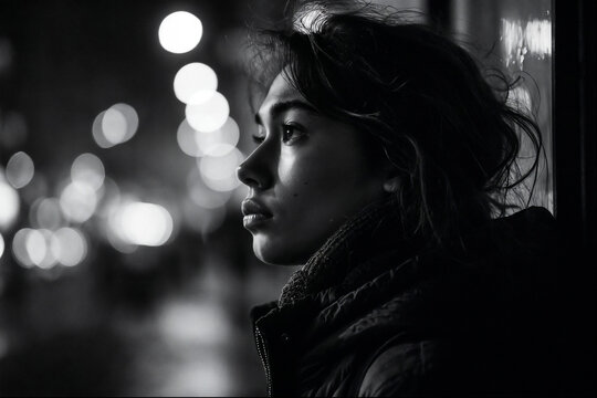 Fototapeta Woman in the street at night, monochrome street photography