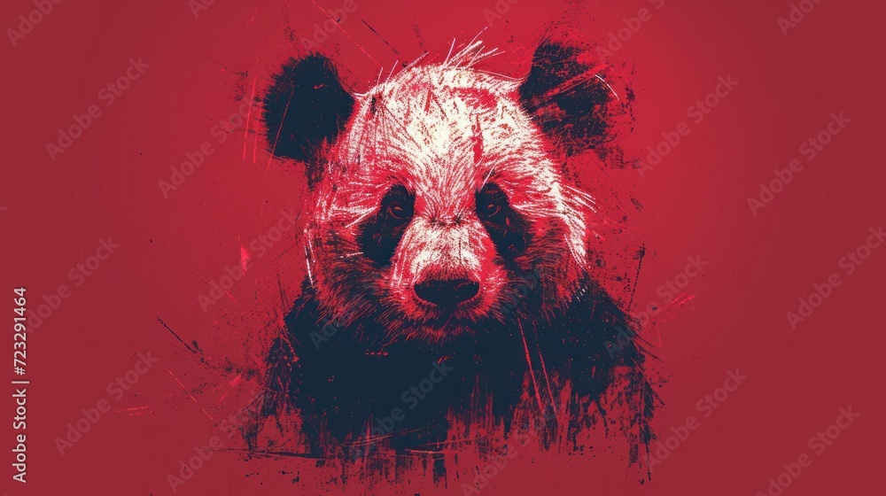 Poster a picture of a panda bear on a red background with a grungy look to it's face and the bottom part of