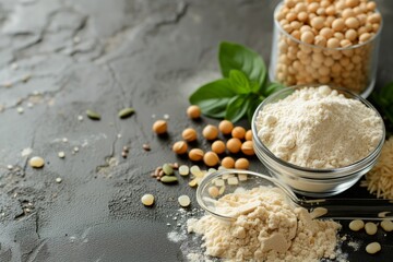 Fototapeta premium Chickpea flour Chickpea grains in different containers on grey background