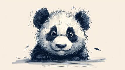  a black and white drawing of a panda bear with a sad look on it's face, sitting on the ground and looking at the camera with its eyes wide open.