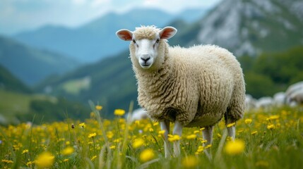 Fototapeta premium A beautiful big fat sheep stands and looks at the camera