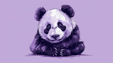  a black and white panda bear sitting on top of a purple background and looking at the camera with a sad look on its face, with its eyes wide open.