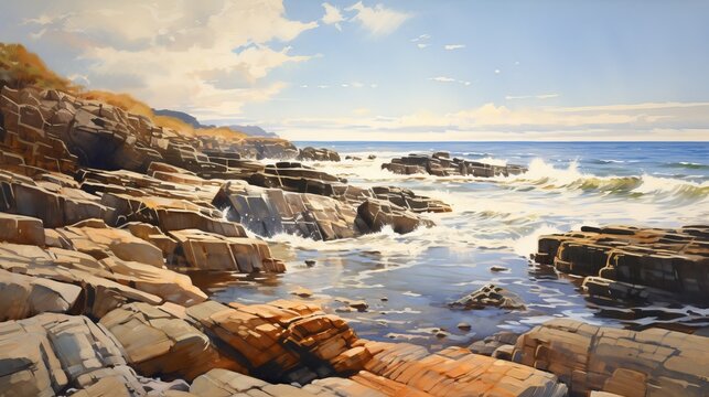 A painting of a rocky shore with rocks and the sea and the sun shining on the water.