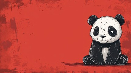  a black and white panda bear sitting in front of a red wall with a black and white panda bear on it's chest and a black and white panda bear on it's chest.