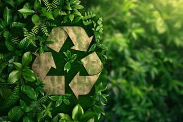 Recycle sign covered with green plants against green background.