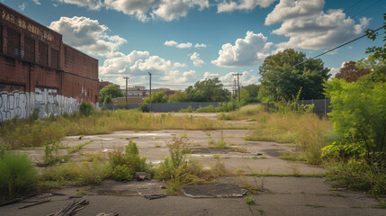 A vacant lot with overgrown weeds and remnants of a demolished building.