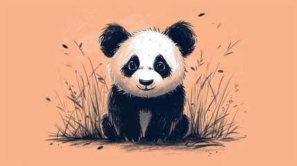  a black and white panda bear sitting in a field of tall grass and looking at the camera with a smile on it's face, on an orange background.