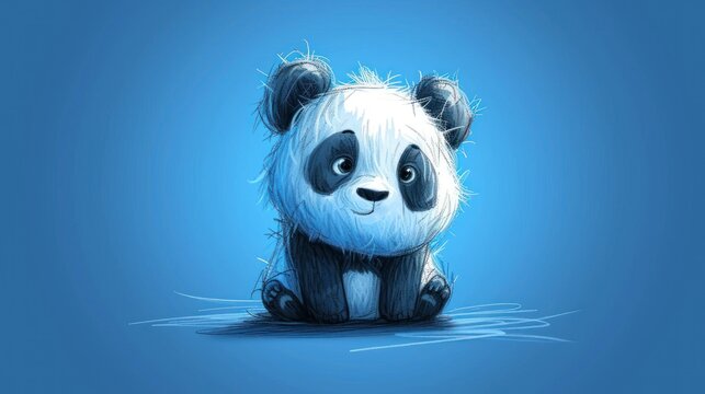  a painting of a panda bear sitting on the ground with its eyes open and a sad look on its face, with a blue background of water and a blue background.