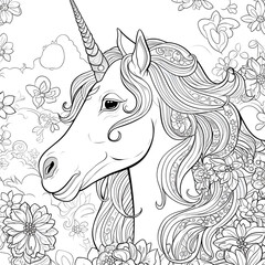 Beautiful Unicorn Coloring Page, Perfect Design For your Project and Creations, Ai Generative