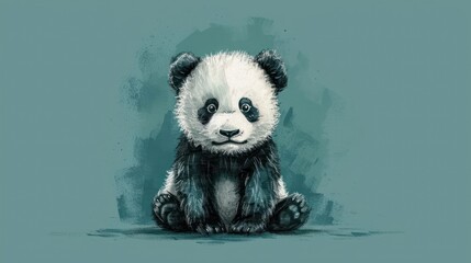  a black and white panda bear sitting in front of a blue background with a black and white panda bear on it's chest and a black and white panda bear on it's chest.