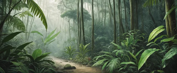  Rainforest, ecology, nature, bio-diversity background. Water color drawing of tropical rain forest. Extra wide format, hand edited generative ai.  © Martina