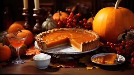 Obraz premium Homemade pumpkin pie on a wooden table. Round sweet pie, around a pumpkin. A traditional autumn dish.