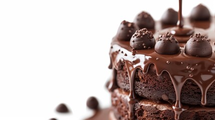 Chocolate cake with chocolate icing on a white background