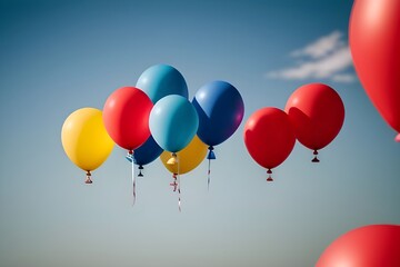 A bundle of colorful helium balloons floating in the sky