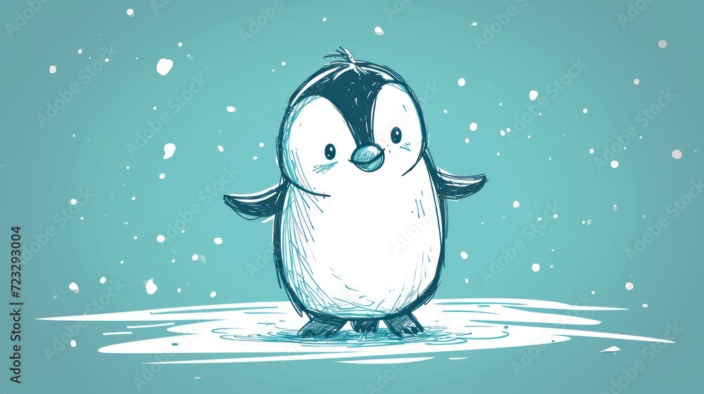 Poster a drawing of a penguin standing in a pool of water with snow falling on the ground and snow falling 