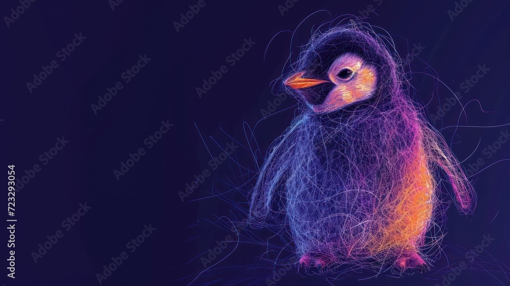 Poster a colorful penguin sitting on top of a blue and purple background with lines in the shape of a pengu