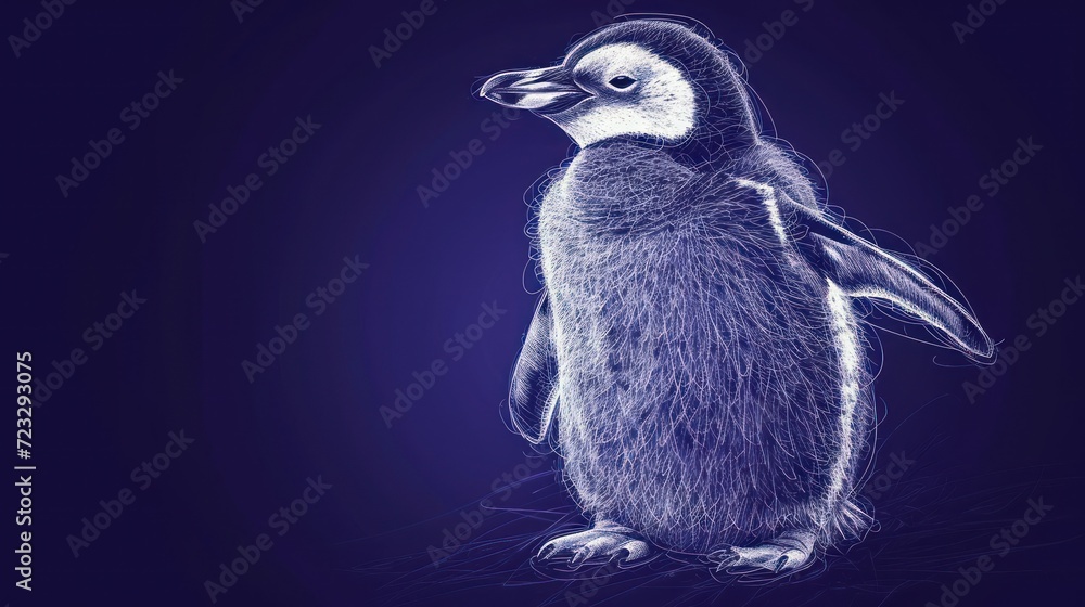 Poster a blue and white drawing of a penguin on a dark blue background with a blue background and a white l