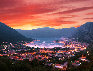 Evening view of the bay of Kotor in Montenegro