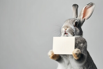 Portrait of cute bunny easter holding up empty speech bubble in studio background.